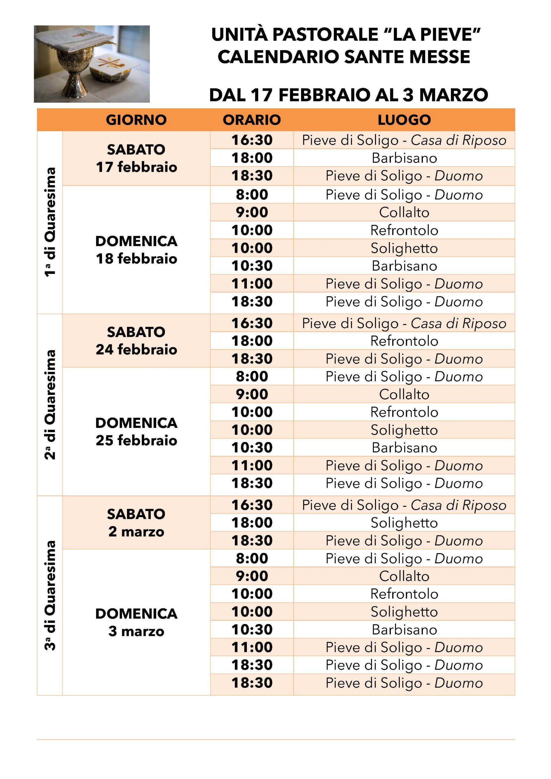 Orario SS. Messe – Unita' Pastorale "La Pieve"